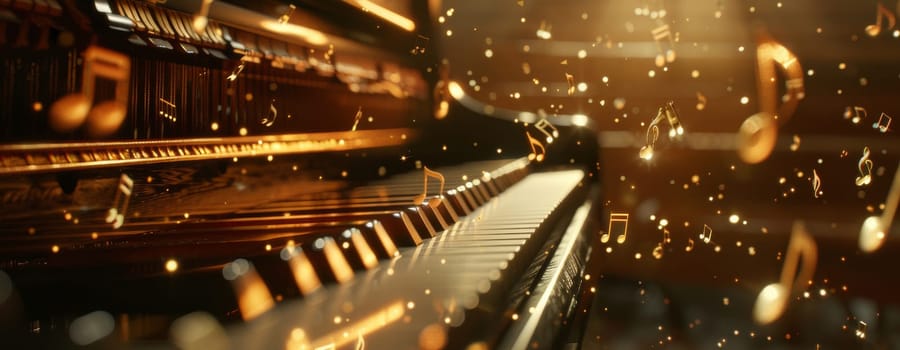 Detail to piano and music notes going out from the piano during sunset, music instrumental concept