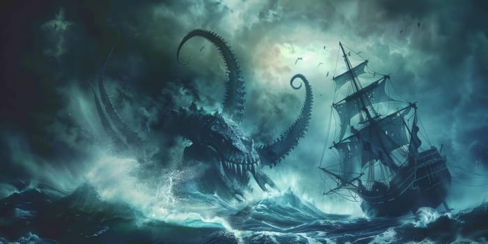 Mystic photo kraken attacking to ship during storm on the sea, mythical concept
