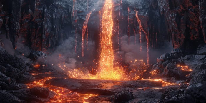 Lava waterfall with a flowing lava from the active volcano during eruption, nature concept