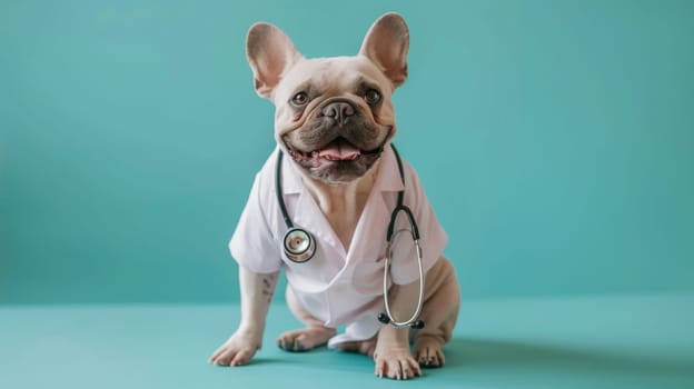 photo of smiling cute dog wearing a lab coat with stethoscope sitting on the blue color background.