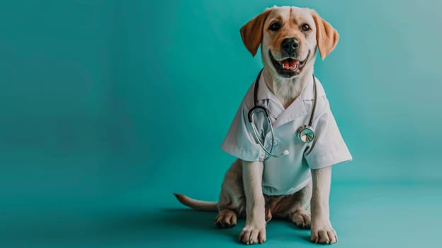 photo of smiling cute dog wearing a lab coat with stethoscope sitting on the blue color background.