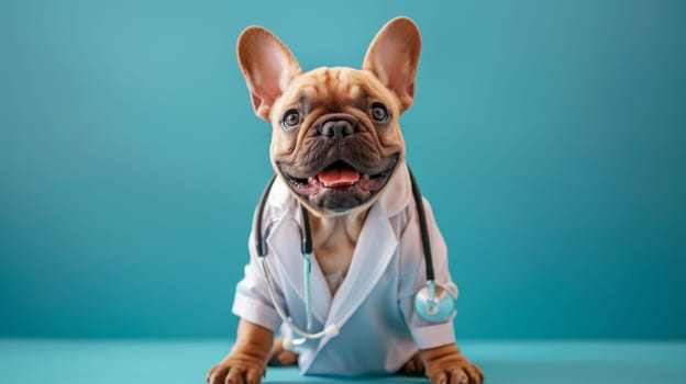 photo of smiling cute dog wearing a lab coat with stethoscope sitting on the blue color background.