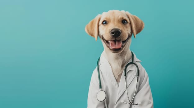 photo of smiling cute dog wearing a lab coat with stethoscope sitting on the blue color background.