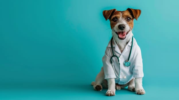 photo of smiling cute dog wearing a lab coat with stethoscope sitting on the blue color background.