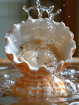 A transparent shell filled with liquid, water splashing out, showcasing its natural fluidity. This macro photography captures the beauty of water as a key ingredient in cuisine and glass jewellery