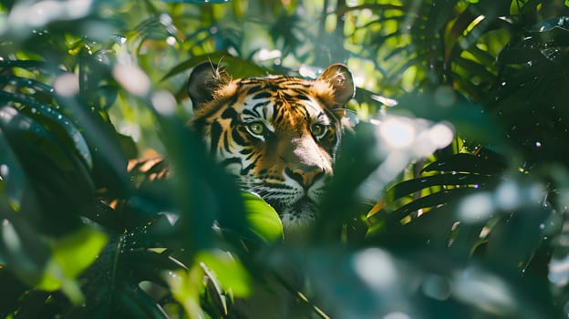 A Bengal tiger is peering through the foliage of a terrestrial plant. As a carnivorous member of the Felidae family, this big cat is on the prowl for prey