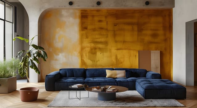 An interior design featuring a blue couch in a living room with a yellow wall. A houseplant in a flowerpot adds a touch of nature to the room