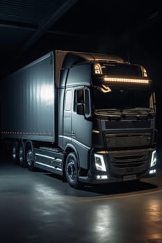 Modern truck with trailer on black background.