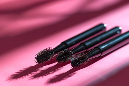 Black eyelash brushes on a pink background. Women's cosmetics. Face Makeup.