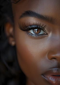 An extreme closeup showcasing a womans facial features including long eyelashes, defined cheekbones, and bold eye liner against a flash photography backdrop