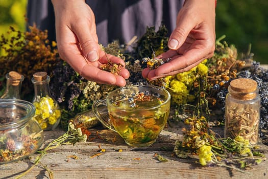 A woman brews herbal tea. Selective focus. Nature.