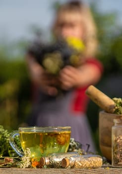 A woman brews herbal tea. Selective focus. Nature.