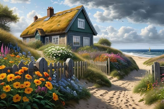 wooden house by the sea . AI generated image.