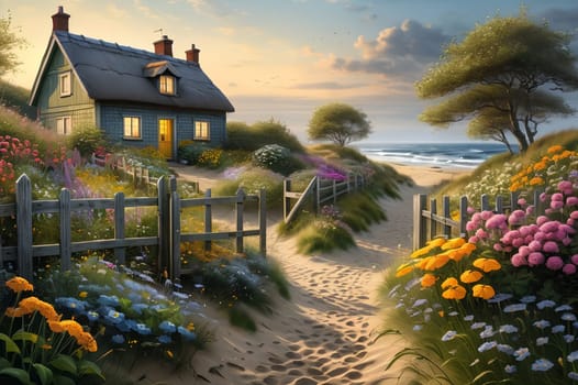 wooden house by the sea . AI generated image.