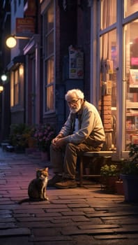 Old man sitting on the porch of a house with a cat. AI generated