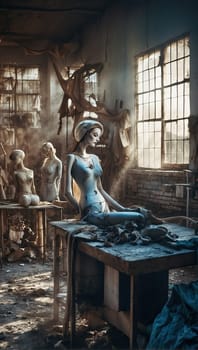 Factory of broken female mannequins. AI generated