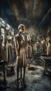 Factory of broken female mannequins. AI generated