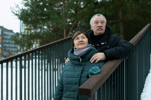 Happy elderly couple walking in the park in winter.