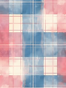 A vibrant Tartan plaid design featuring red, white, and blue rectangles with clouds in the background against a grey and orange sky. An artistic blend of colors and shades
