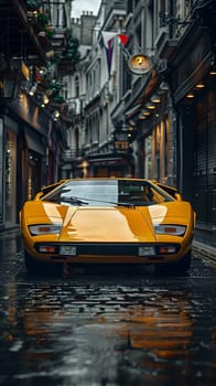 A vibrant yellow car is parked in the center of a narrow street, its sleek automotive design standing out against the grey asphalt road
