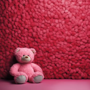 A pink teddy bear against a textured pink background