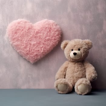 Plush teddy bear beside a heart-shaped cushion against a pink background.
