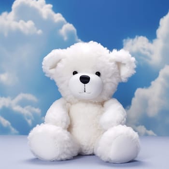 A white teddy bear sits against a sky with fluffy clouds backdrop