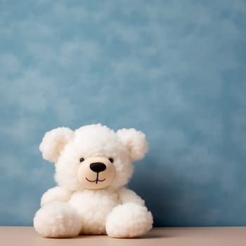 White teddy bear sitting against a blue background.