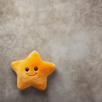 A smiling star-shaped plush toy against a textured gray background.