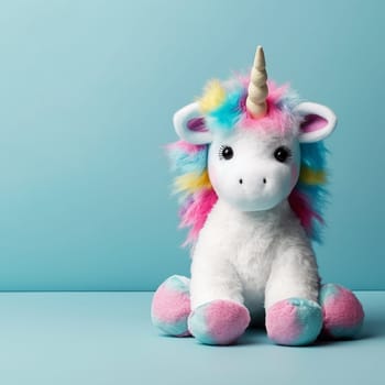 Plush unicorn toy with rainbow mane on blue background