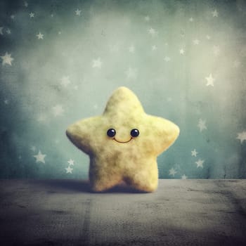 Smiling plush star with eyes on starry background, vintage mood.