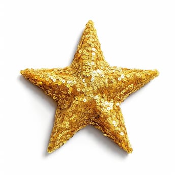 Golden sequined star-shaped object isolated on white background.