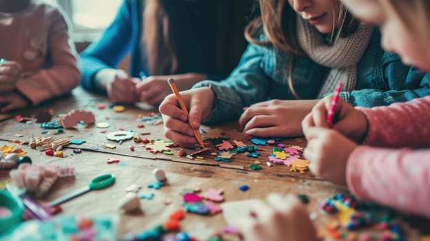 A family enjoys quality time together, engaging in arts and crafts at a colorful and messy home workstation, fostering creativity. AIG41