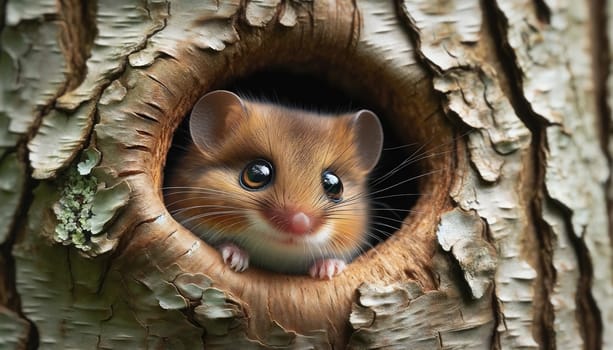 One adorable hazel dormouse looking out of a tree hole, Close Up. High quality photo