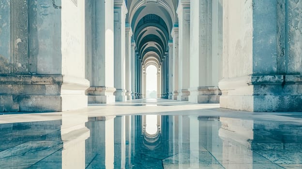 Symmetrical view down a serene hallway with classical arches and a polished reflective floor