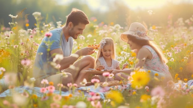 A happy family gathered in a natural landscape, enjoying a picnic amidst blooming flowers, lush grass, and under the warm sunlight. AIG41