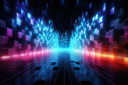 Neon cubic corridor, ultraviolet virtual reality portal.