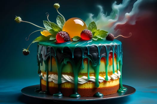 fruit cake with syrup, cream and fruits on a green background. AI generated image.