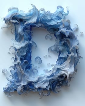A piece of art crafted from blue and white materials, forming letters that resemble the shape of the sea.