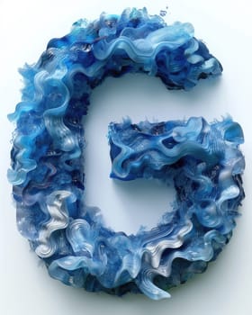 A letter crafted from blue and white swirls, resembling the shape of the sea.