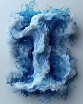 A piece of art featuring blue and white colors arranged on a white surface, resembling letters in the form of the sea.