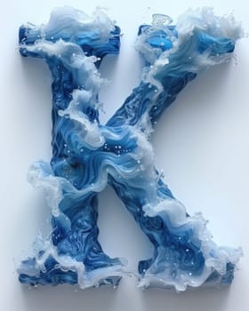 A photo of the letter K made of blue and white marble floating in the sea.