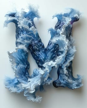 A sculpture of the letter M in blue and white, resembling the form of the sea.
