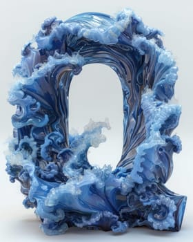 A photo of a sculpture featuring blue and white waves in the form of letters.