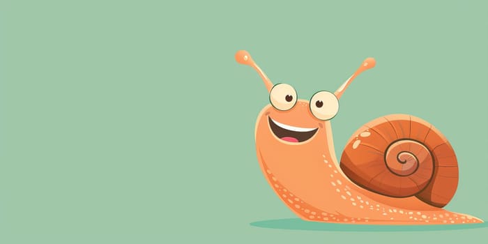 Smiling and laughing snail on a bright teal background with copy space