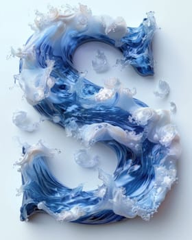 A letter made out of blue and white paint floats on the surface of the sea.