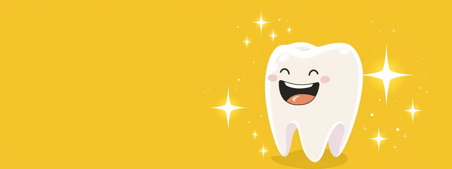 Cute smiling, glowing tooth isolated on a bright yellow background with copy space