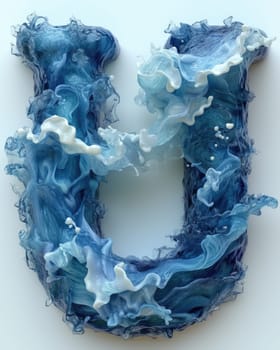 A close-up photo of a letter made out of blue and white paper, resembling the form of the sea.