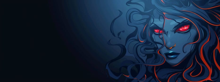 Portrait of a ghostly medusa isolated on dark blue background with copy space