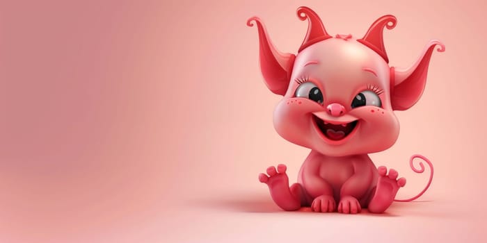 Smiling, laughing baby devil isolated on a bright pink background with copy space